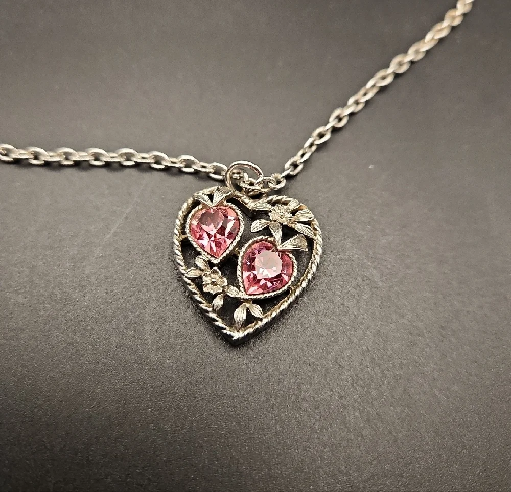 Sarah Coventry Silver Tone Love Story Pendant Necklace Pink Stone Vintage 1970s